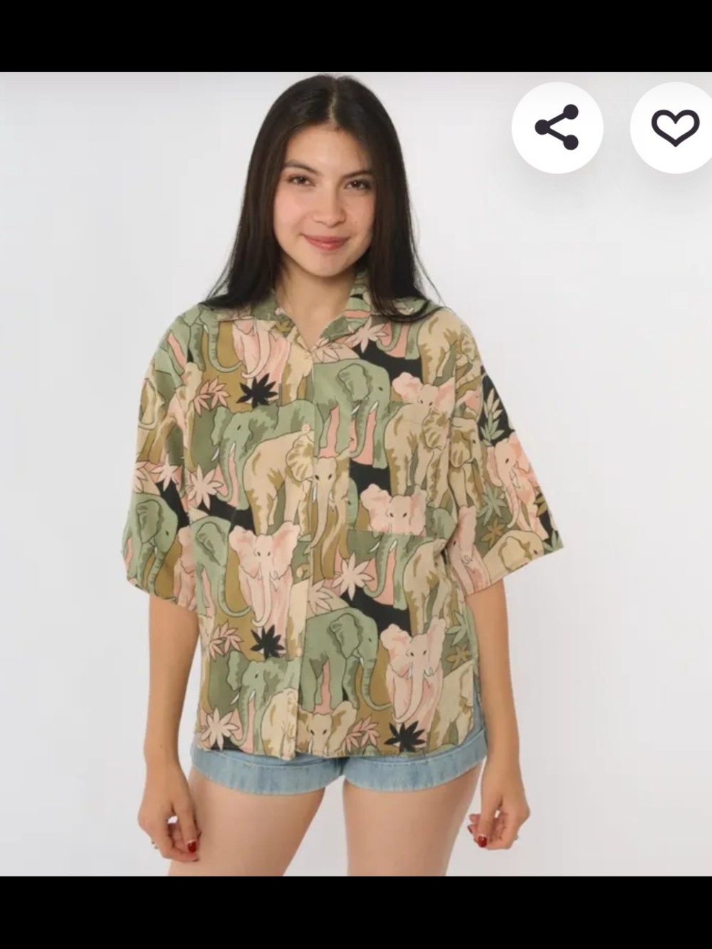 Soho Floral Elephant Print Button-Up Shirt - Green Peach Black